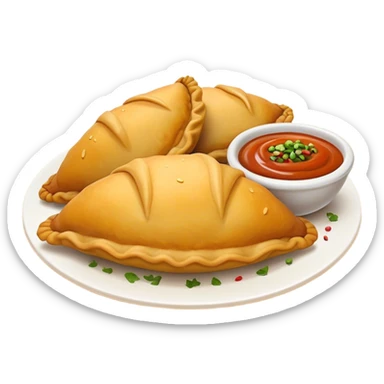 Cinematic Realistic Colombian Cornmeal Empanadas Emoji, showcasing the golden, crispy shell filled with savory meats and spices, served with a side of aji dipping sauce, rendered with vibrant textures and warm, inviting lighting. sticker