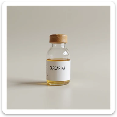 medicinal vial on a neutral background, label with the word 'CARDARINA' in block letters, hyperrealistic 4K style sticker