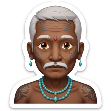 ancient indian old man with tatooed on neck and face sticker