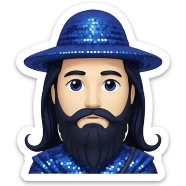 Saturn, God of Time from Gods and Goddesses with long black hair and beard, indigo sequin outfit sticker