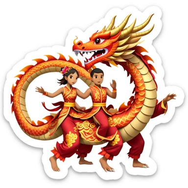 Cinematic Realistic scene of two performers guiding an elaborately designed dragon costume during a Dragon Dance, with vivid traditional patterns and dynamic motion, set under festive, red-tinged lighting sticker