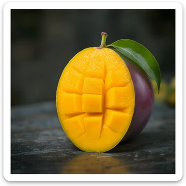 sliced mango showing juicy inside, photorealistic sticker