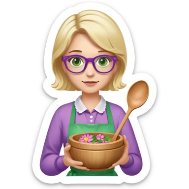 woman with blonde shoulder length hair, purple glasses, green eyes, flower apron, holding bowl and spoon sticker