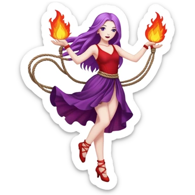 Full body rope on fire dance performer pale skin with long purple hair red dress sticker