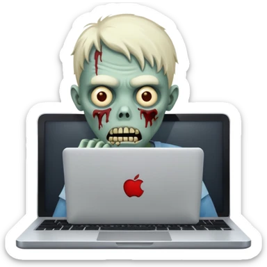 A tired zombie behind a laptop sticker