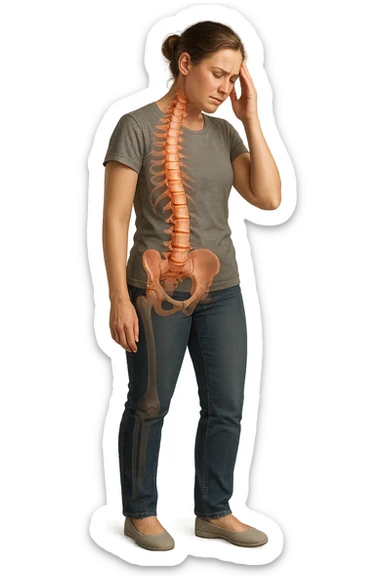 donna stanca a figura intera che si tiene una mano sulla tempia con spina dorsale anatomica visibile, iperrealistico 4k sticker