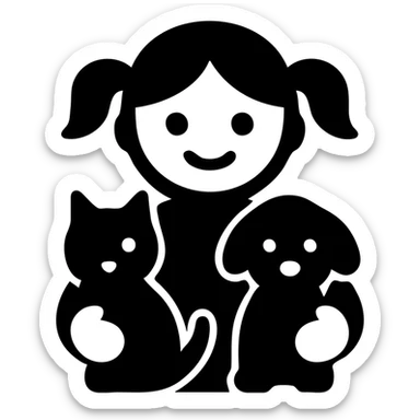 solid filled icon of a cute little girl holding a cat and dog, simple shapes, no color, bold and clear for small sizes sticker