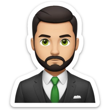 green eyes, dark short hair, muscular shoulders, big lips big nose big eyes, masculine good looking, dark beard wearing a suit buttons of the shirt open and olive skin tone  sticker