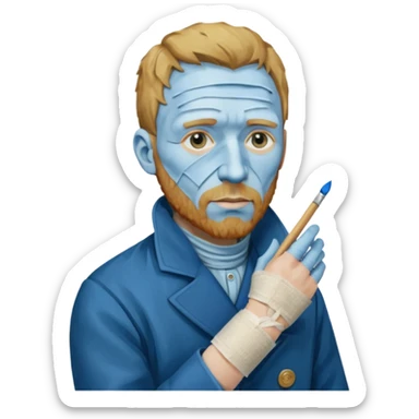 van gogh paints on a canvas. On his right he has a bandage sticker