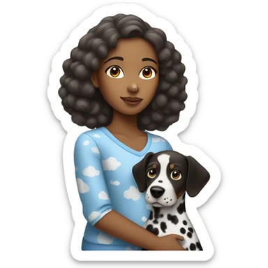 Brown girl wearing a blue top with clouds holding a dalmatian  sticker