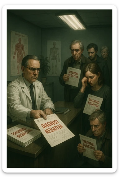 A realistic, cinematic illustration set in a dull, grey-toned medical office. A middle-aged male doctor in a white coat with a stern, cold expression is seated at his desk, handing out medical reports with large red ‘Negative Diagnosis’ stamps to each patient in line. The patients, of various ages and appearances, stand in a line, each looking increasingly sad, defeated, and demoralized as they receive their papers, with slumped shoulders and empty gazes. One young woman wipes away a tear, while a man stares at the paper in shock. The background shows medical posters, a faded plant, and harsh fluorescent lighting, emphasizing the cold, mechanical environment. The mood is heavy, illustrating how negative diagnoses delivered without empatia can deeply affect the mental health and morale of patients. The style is realistic, with subtle filmic grain, emphasizing emotional impact and the weight of medical words on people’s lives. in italiano sticker
