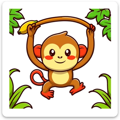 A surreal hybrid creature that is half monkey (top) and half banana (bottom). Green monkey with red facial features on top, and an opened banana peel forming the lower body. In a lush jungle environment with hanging vines and tropical foliage sticker