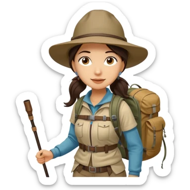 women, long dark brown hair in ponytail with wide brim hiking hat. Walking with backpack and trekking poles.  She is a pilgrim on the Camino Frances on her way to Santiago de Compostela sticker