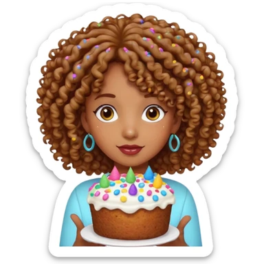 Brown Curly haired girl with a cake sticker