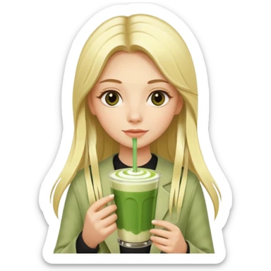 blonde luxury long hair girl with 1 drink of matcha latte and a lot of straws sticker