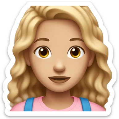 Make a light skin girl with blue eyes a light pink t shirt and light brown wavy hair sticker