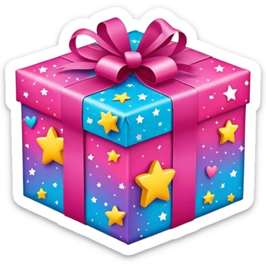 cute gift box with sparkling stars and hearts, smiling wrapping paper, vibrant colors, joyful and romantic mood sticker