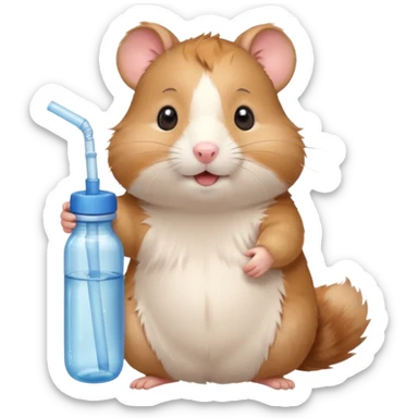 Cute cartoon-style hamster hugging an oversized water bottle, sipping with tiny straw, happy expression. Painterly shading, expressive eyes, white background, sticker-style illustration sticker