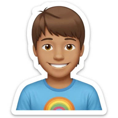 16 yr old boy, brown hair, straight, big smile, white teeth, tanned skin, bangs, hippie part sticker