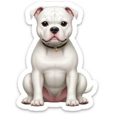 cinematic-[solid white american bulldog]-realistic-full-body-sitting-emoji,-tail-resting-loosely-beside-its-paws,-head-tilted-dramatically,-sleek-[solid white]-fur,-simplified-yet-realistic-focused-features,-highly-detailed,-glowing-with-an-almost-sarcastic-glow sticker