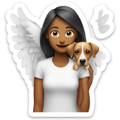 a dog with angel wings next to a woman sticker