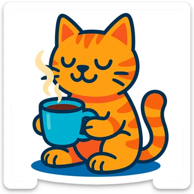 ginger cat enjoying coffee, bright colors sticker