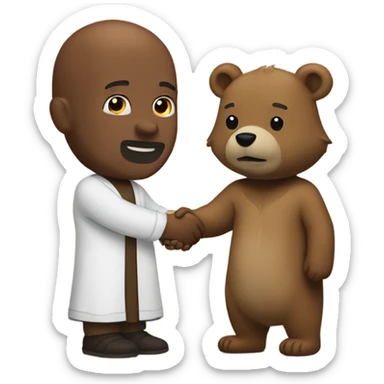 (bald man in biblical robe) shaking hands with (grizzly bear) sticker