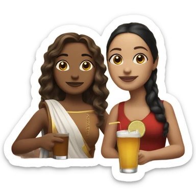 puerto rican woman light skin with shoulder-length, wavy, brown hair drinking latte with Roman woman with black, straight hair drinking espresso at table sticker