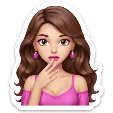 girl with long wavy brown hair, brown eyes, light to medium complexion, in a pink sexy top, pink lips, long lashes, puckered lips, showing my manicure one hand sticker