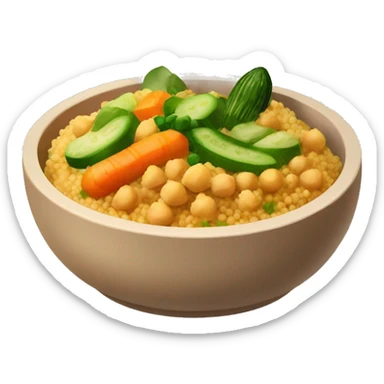 Bowl of Couscous dish with orange sauce, carrots, zucchini, chickpeas and meat on top sticker