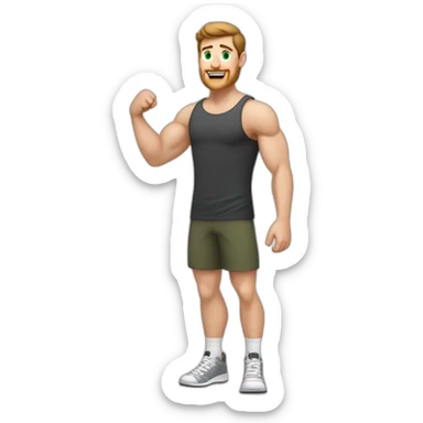 Full height Actively gesturing with hands Pale skinned Fit Man With the biceps, green eyes and brown hair in dark gray Sleeveless Mike, black oversize sports shorts, watch and white Sneakers sticker