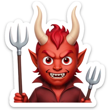3D Memoji style male devil, red skin, horns, pitchfork, scary expression, soft lighting, solid background. sticker