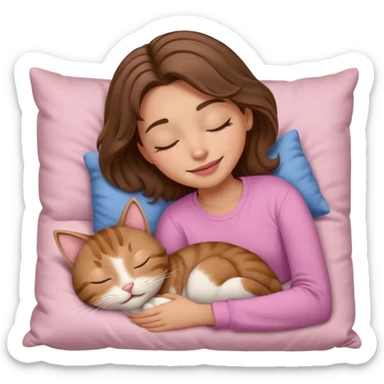 girl with wavy long brown hair, brown eyes, light to medium complexion, long lashes, light pink lipstick, smiling, wearing light pink shirt, sleeping on a cozy pillow, with brown tabby cat, sleeping sticker
