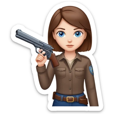 White girl with blue eyes and brown hair holding gun up sticker