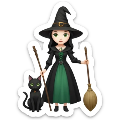 a witch with a hat and a broomstick and a black cat sticker