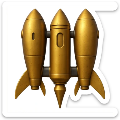 Create a back view of a gold ancient wide jetpack with very shoulder wide side rocket projectiles, no fire, with an apple style emoji look. The jetpack should have a worn and weathered look on the gold surface. Remove the background. sticker