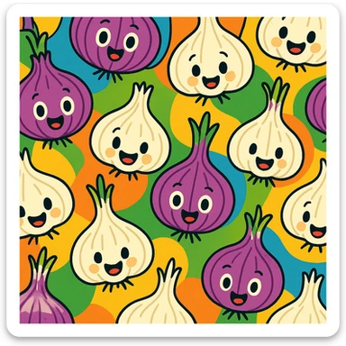 cute animated onion and garlic, seamless background, lively, colorful, simple design sticker