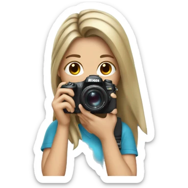 Girl with dark blonde loose ponytail Holding a Nikon Camera in her hands sticker