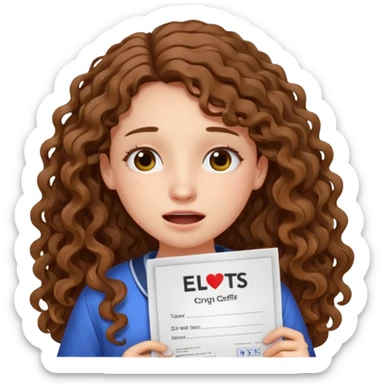 A girl with long curly brown hair crying shows an IELTS certificate with a score of 3.0  sticker