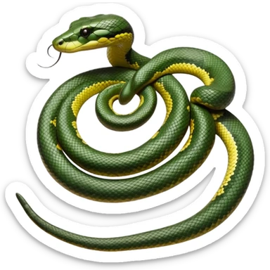 A photo-realistic top-down view of a Green Anaconda tightly coiled in a spiral, with its broad, flat head resting at the center. Its thick, muscular body is olive-green and covered in symmetrical, bold black oval spots that stand out against its smooth scales, creating striking natural camouflage. sticker