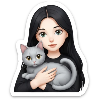 beautiful girl with long black hair wearing a black shirt holding a silver-colored cat sticker