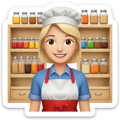 grown  2D line-drawn character + small bright shop sticker