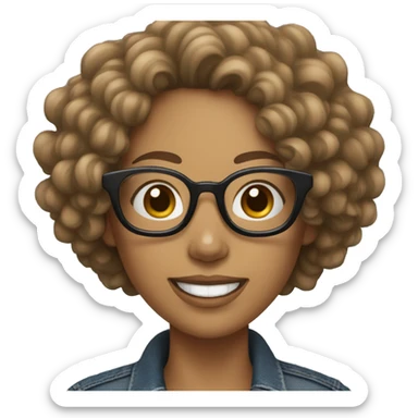 Woman with white skin, curly hair, big smile, wears glasses with black Pincher dog, with jeans and sneakers sticker