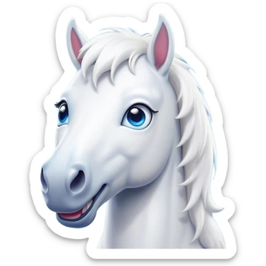 Cinematic Comical White Horse Portrait Emoji, Head tilted dramatically with an exaggeratedly amused expression, featuring a striking white fur with a glossy finish and wide, expressive blue eyes filled with playful disbelief, Simplified yet hilariously expressive features, highly detailed, glowing with a slightly sassy glow, high shine, dramatic yet playful, stylized with an air of cheeky mischief, bright and endearing, soft glowing outline, capturing the essence of a spirited and over-the-top horse, so meme-worthy it feels like it could side-eye its way into internet fame instantly! sticker