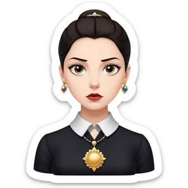 La donna ha i capelli scuri raccolti, un'espressione seria e intensa, indossa un abito scuro con colletto bianco e una spilla o un medaglione. L'immagine ha uno stile antico, tipico del XIX secolo. sticker