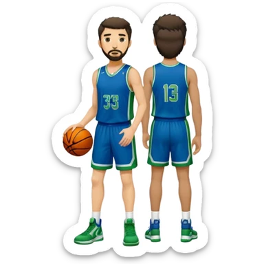 Full Body  white male basketball player with short dark shaggy hair and goatee beard wearing blue and green uniform sticker