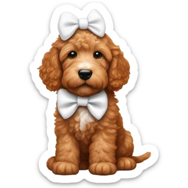 Red goldendoodle puppy white patch on head & bow on head sticker