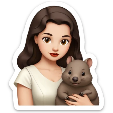 Beautiful woman in 1950’s woman fashion look, white dress, long dark brown hair, wombat sticker