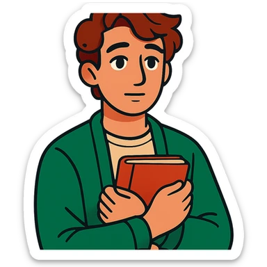 Calm and thoughtful male confidant, fair skin, soft wavy brown hair, gentle eyes, wearing a green cardigan over a light shirt, holding an open journal close to chest, waist-up, front-facing, pure background sticker