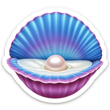The image depicts a blue clam shell that is open, revealing a shiny, white pearl resting inside a pink interior. The shell has a stylized, cartoonish design with sparkles around the pearl, giving it a magical or enchanting appearance. The overall look suggests a treasure or a prize, often associated with themes of ocean or marine beauty. sticker